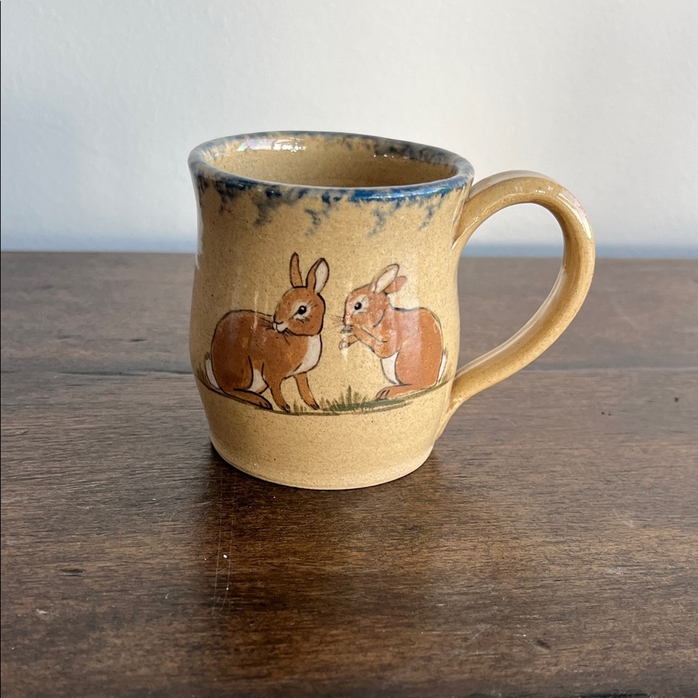 Handcrafted Tan Ceramic Mug with Handpainted Rabbit Design - Nancy Anderson